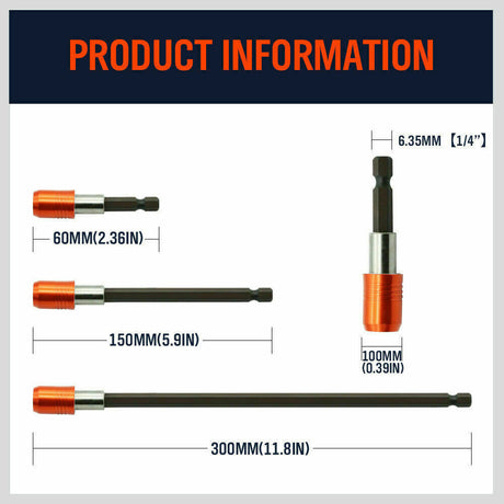 Set of 3 magnetic screwdriver bit extensions with anti-slip holders, featuring 1/4" hex shank compatible with all drills.