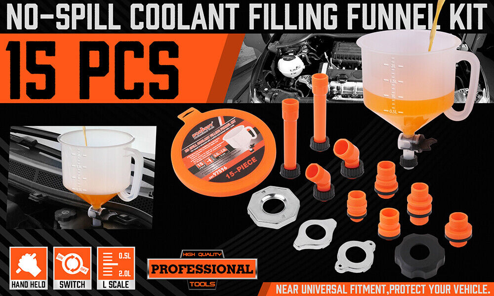 15-Piece No-Spill Coolant Funnel Kit with Valve Switch, Radiator