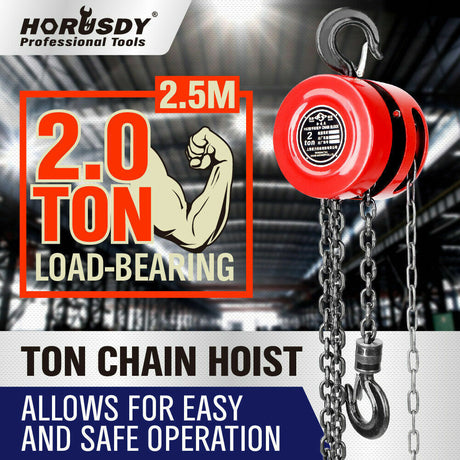 Heavy-duty 2 ton block and tackle with a 2.5M lifting chain, featuring 360-degree swivel hooks and automatic brake for secure hoisting