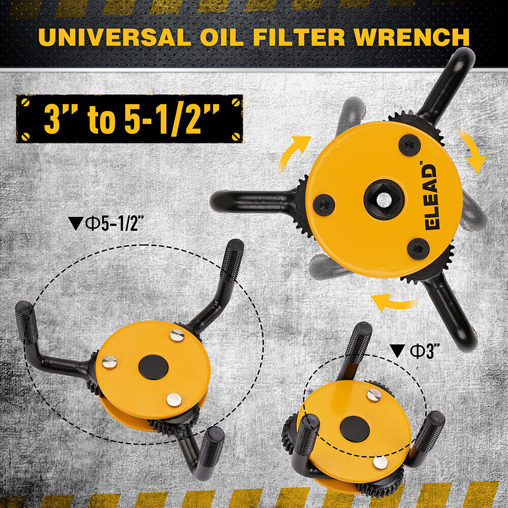 ELEAD 3" to 5-1/2" Adjustable Oil Filter Wrench with 3-Jaw Design and Dual Drive Adapter