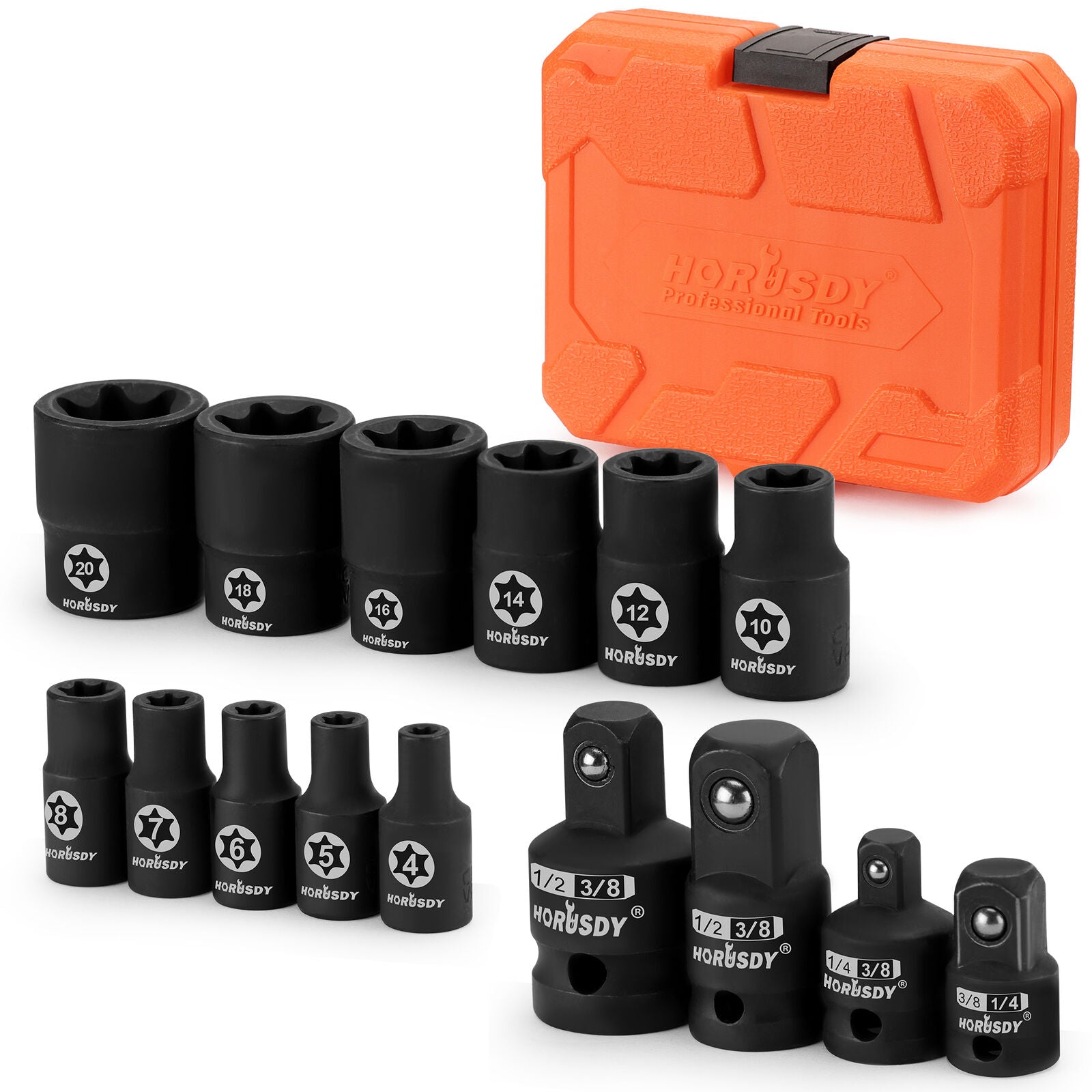 HORUSDY 15-Piece E-TORX Socket Set with 1/4", 3/8" Adapters, Chrome Vanadium Steel, Corrosion-Resistant