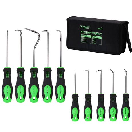 SWANLAKE 10-Piece Pick and Hook Set with CR-V Steel Shafts, Non-Slip Handles, and Storage Pouch for Automotive and Electronics Use