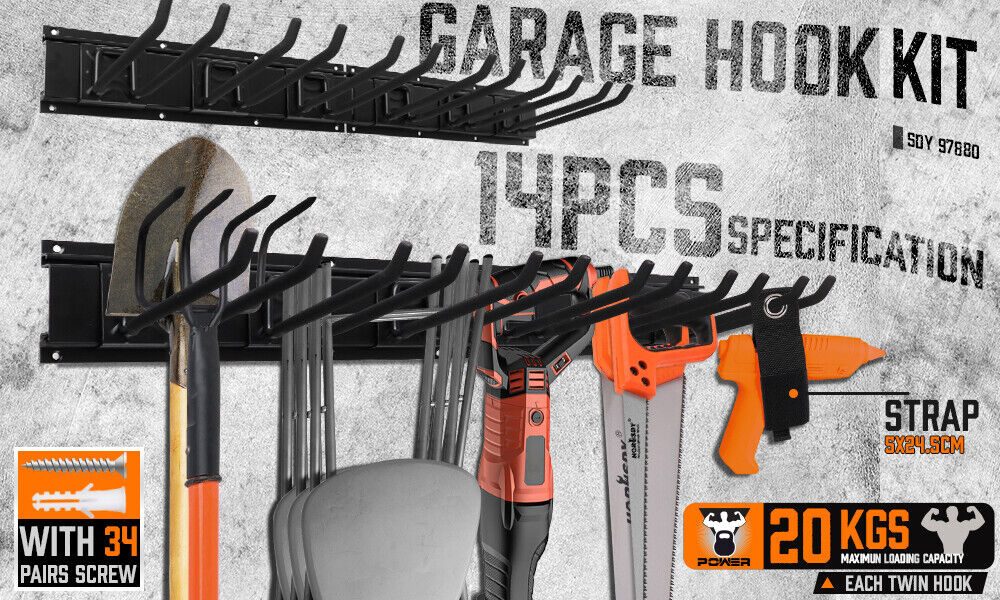 Sturdy Wall-Mounted Bike and Garden Tool Hook Rail, featuring 9 hooks on 4 adjustable rails, ideal for organizing various tools in the garage, pantry, or garden. Made of strong, lightweight material, capable of holding up to 20kg. Includes 34 pairs of screws and expansion tubes for easy installation.