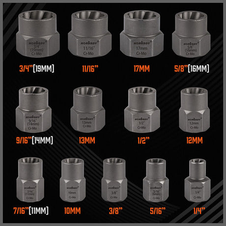 13+2 Piece Damaged Screw and Bolt Removal Tool Set in Heavy Duty Case, Made of Chrome Molybdenum Steel