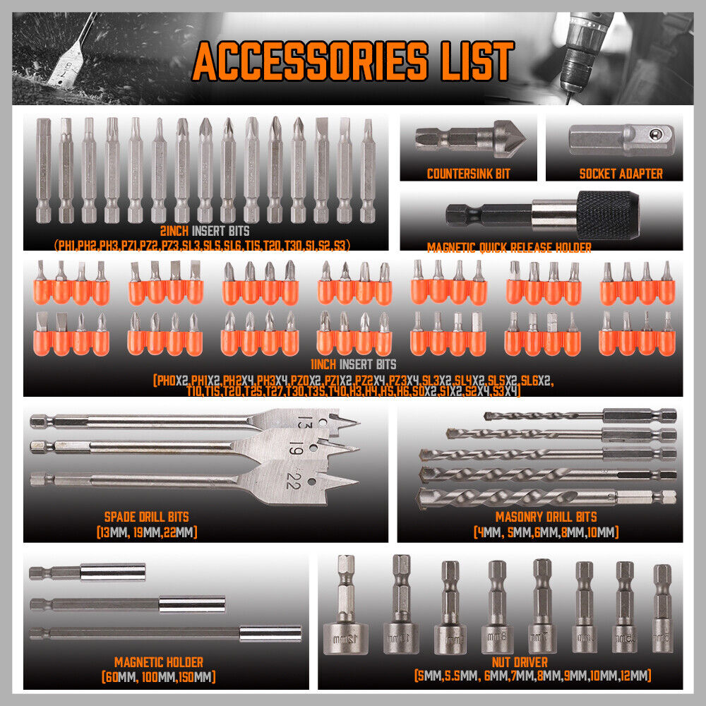 Extensive HORUSDY 112-Piece Drill Bit Set featuring Spade, Masonry, Nut Driver, and Various Insert Bits with Titanium Coating for Wood and Metal Drilling