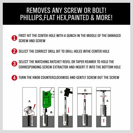 Heavy-duty 6Pc Damaged Screw Extractor Kit designed for easy removal of stripped, rusted, or broken screws and bolts. Includes reverse thread bits in various sizes with durable black oxidation finish.