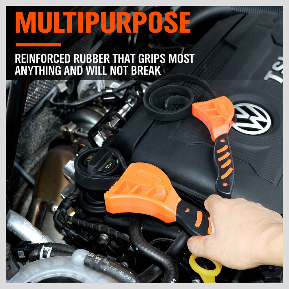 Two-piece adjustable strap wrench set with reinforced rubber belts and ergonomic handles.