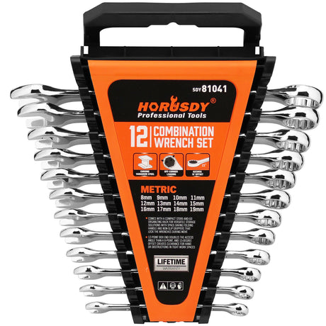 HORUSDY 12-Piece Metric Spanner Set, Chrome-Plated, Durable, Wear-Resistant, 8-19mm, Open & Ring Ended Wrenches, with Convenient Storage Clip