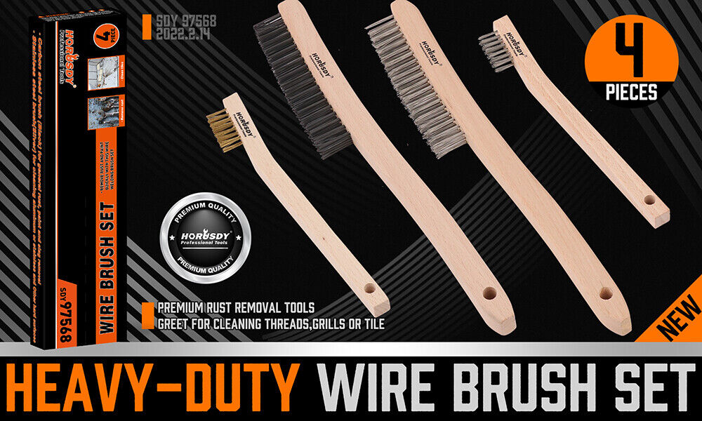 Set of 4 wire brushes with different sizes and materials, including stainless steel and brass, designed for rust removal and cleaning metal surfaces without scratching