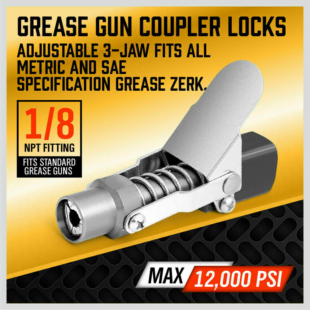 Durable Grease Gun Coupler with Quick Release and Lock System - 1/8'' NPT Thread, Rated for 10,000 PSI, Versatile Use