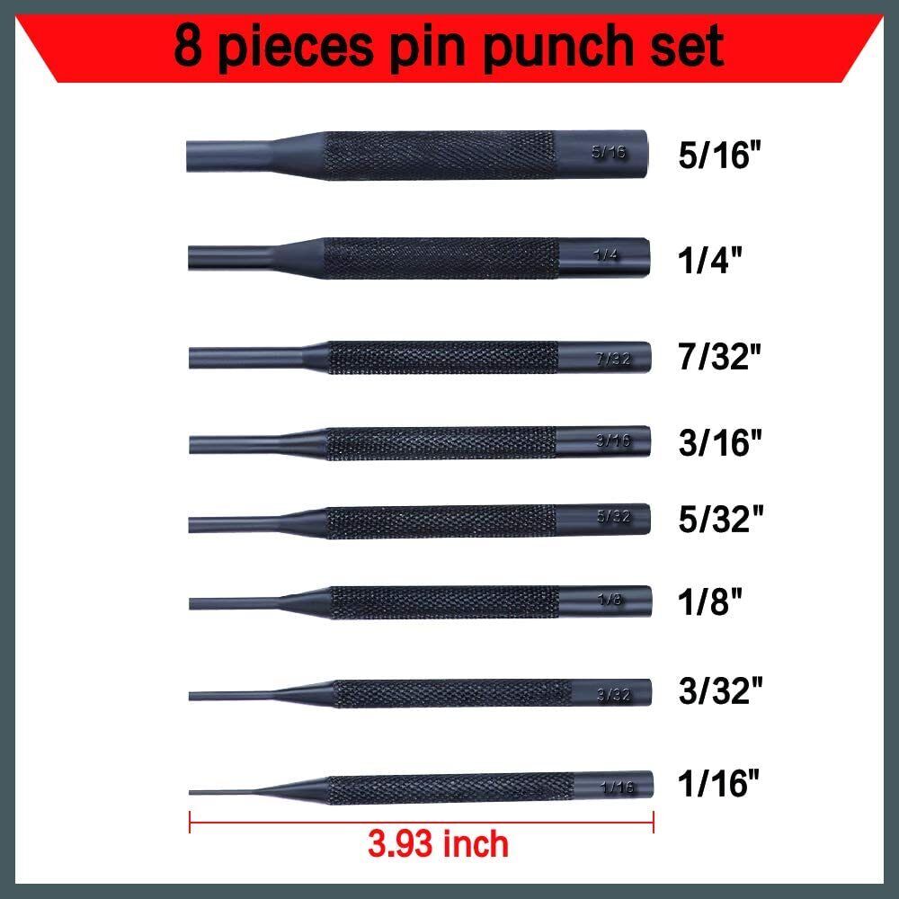 HORUSDY 8-Piece Long Pin Punch Set with Anti-Slip Sleeves in Sizes 1/16" - 5/16", SAE, Including Sturdy Nylon Pouch for Storage and Organization