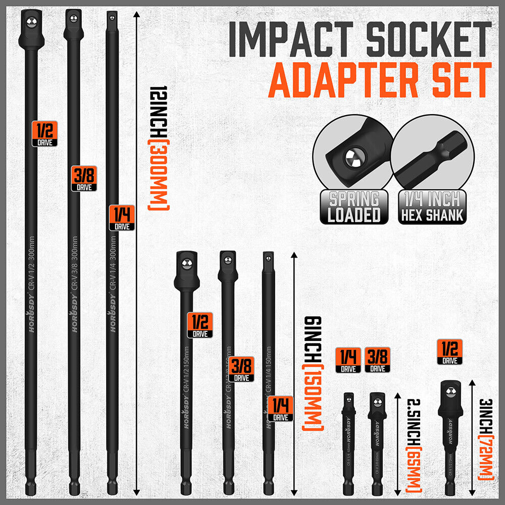 HORUSDY 9-Piece Extension Bar Set for 1/4", 3/8", 1/2" Drives, Extra Long, Chrome-Vanadium Steel, Black Phosphate Finish, Including Storage Bag