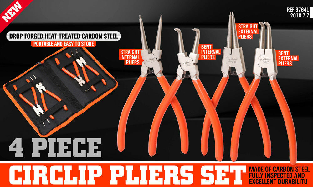 4-piece set of 7-inch circlip pliers, including internal and external, bent and straight tip snap ring pliers, with a durable storage bag