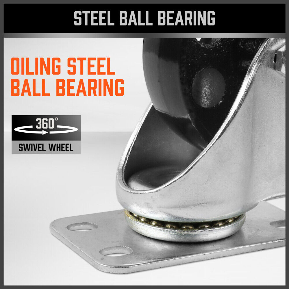 Set of four 3.5-inch Heavy Duty Steel Castor Wheels, featuring industrial-grade bearings, swivel casters with a 500KG per wheel loading capacity, and a robust steel construction for long-lasting use