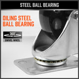 Set of four 3.5-inch Heavy Duty Steel Castor Wheels, featuring industrial-grade bearings, swivel casters with a 500KG per wheel loading capacity, and a robust steel construction for long-lasting use