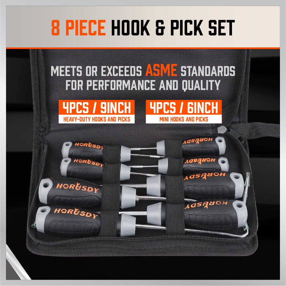 Durable 8-Piece Pick and Hook Set for Oil Seal and O-Ring Removal - Features CR-V Steel, Non-Slip Grip, and Variety of Shapes