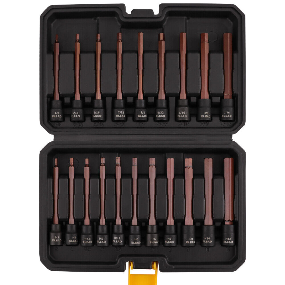 Comprehensive ELEAD 20-Piece Extra Long Hex Bit Socket Set - Includes SAE and Metric Sizes, Forged S2 Alloy Steel Bits, Chrome Vanadium Steel Sockets
