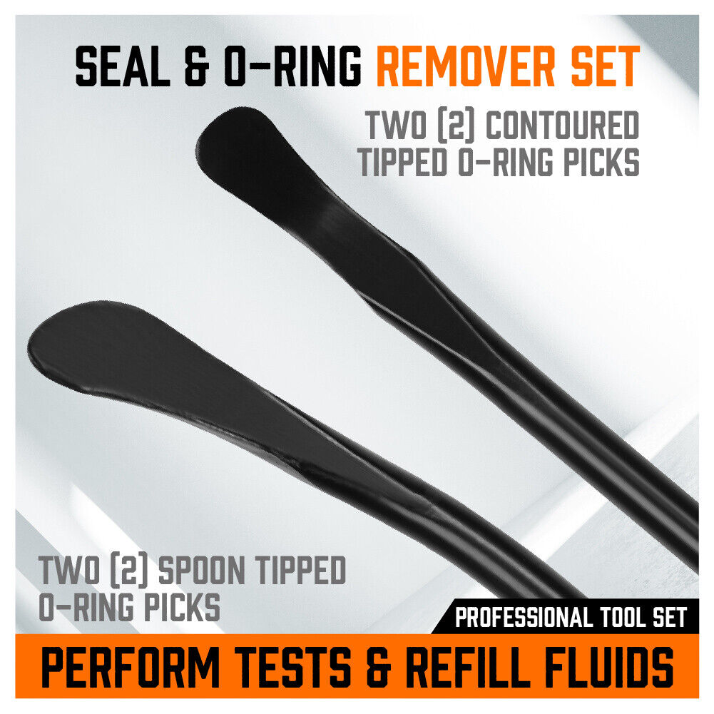 Four-piece Seal and O-Ring Removal Tool Set, designed for easy and damage-free removal of seals and O-rings. This set includes two contoured tips and two spoon tips, crafted from durable and solid chrome vanadium (CR-V) material, perfect for automotive and machinery maintenance