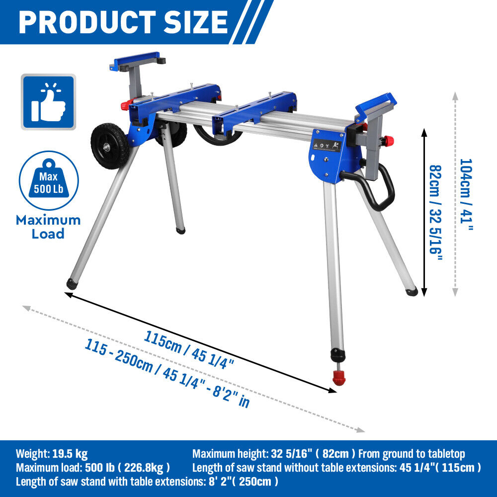 A miter saw stand featuring one-piece mounting brackets, a 45-inch sliding rail, and a 500lb capacity, designed for heavy-duty use and easy folding for storage.