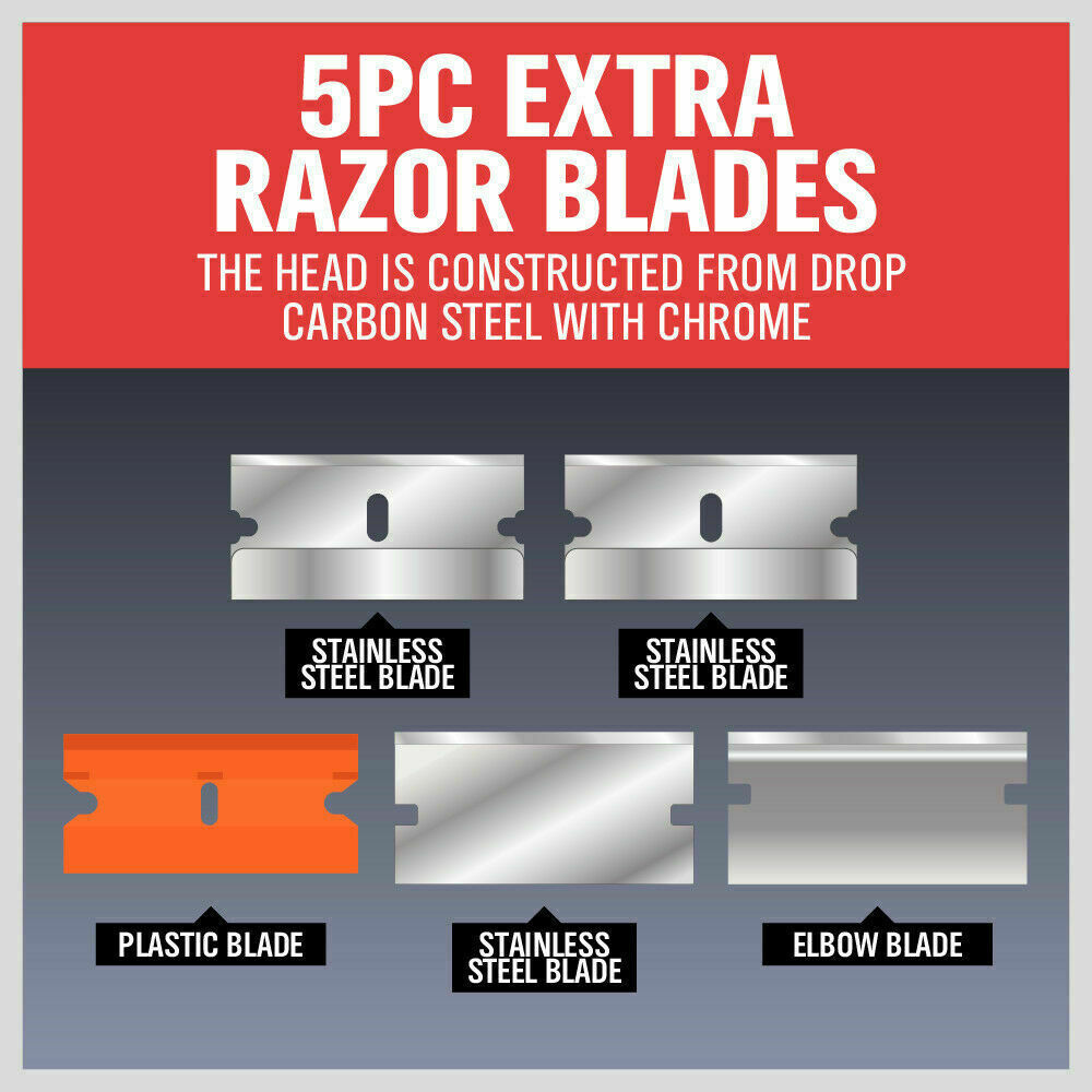 Multi-purpose razor scraper set with TPR handles and replacement blades for glass and decal cleaning.