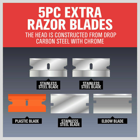Multi-purpose razor scraper set with TPR handles and replacement blades for glass and decal cleaning.