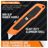 Set of 4 utility knives with snap-off blades, featuring retractable grip handles and a pack of 10 spare blades. Ideal for daily use in cutting cardboard, paper, wires, PVC, and crafts