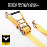 Durable 50mm wide and 10-meter long ratchet tie down strap, capable of handling a load of up to 2000KG. Perfect for securing cargo on trucks, trailers, and boats. Features weather-resistant woven polyester construction with a user-friendly ratchet mechanism for enhanced tension and effortless securing