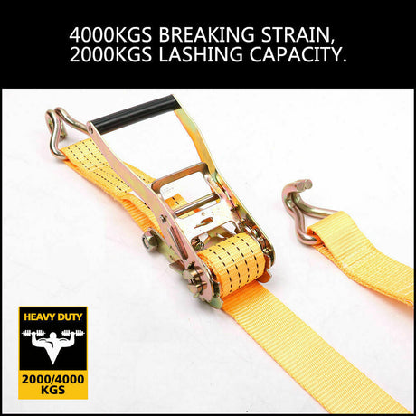 Durable 50mm wide and 10-meter long ratchet tie down strap, capable of handling a load of up to 2000KG. Perfect for securing cargo on trucks, trailers, and boats. Features weather-resistant woven polyester construction with a user-friendly ratchet mechanism for enhanced tension and effortless securing