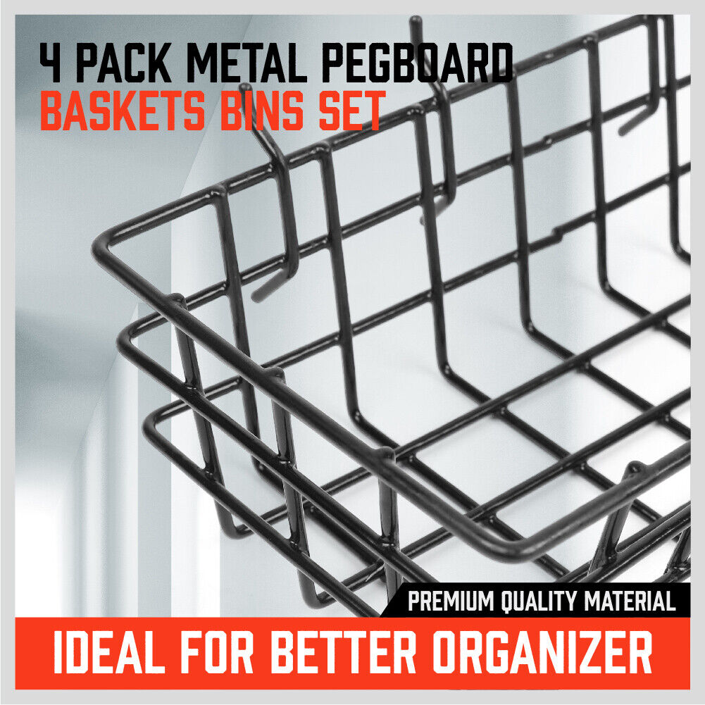 Set of 4 Pegboard Baskets in various sizes (S, M, L, XL), crafted from durable hardened steel with a chrome finish, offering strength, rust, and corrosion resistance. These baskets are designed for use with 1/8, 3/16, or 1/4 inch pegboards, ideal for organizing tools, paint brushes, extension cords, and sports equipment in garages, workshops, kitchens, and more