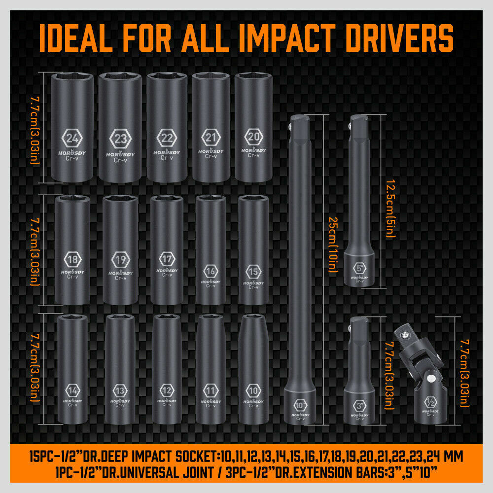 Durable 19-piece deep impact socket set with extensions and flexible adapter, made from chrome vanadium steel, in sizes 10-24mm for versatile use