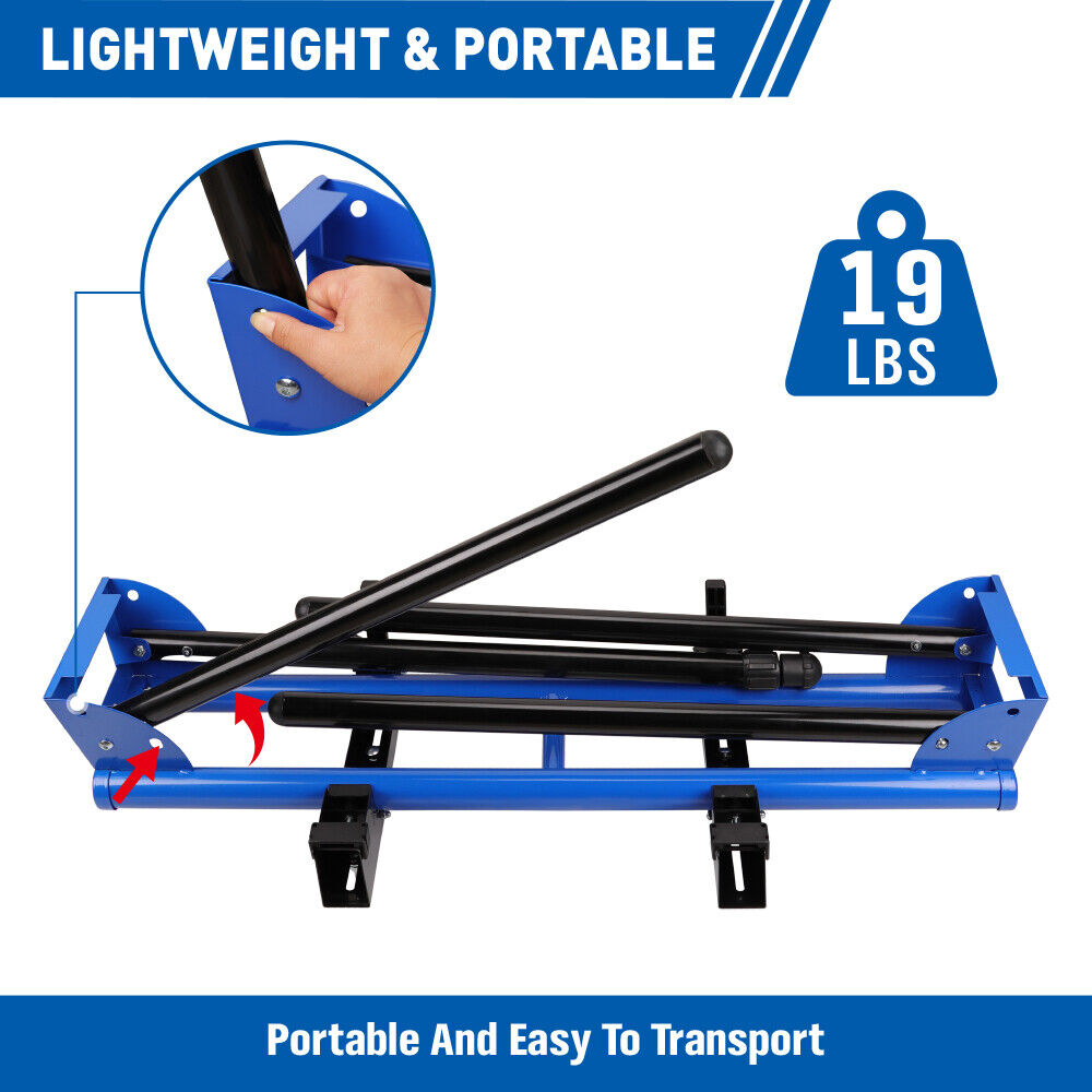 51" blue miter saw stand with durable one-piece mounting brackets and a sliding rail design, supporting up to 300lbs, easy to fold and transport.