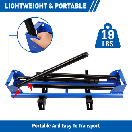 51" blue miter saw stand with durable one-piece mounting brackets and a sliding rail design, supporting up to 300lbs, easy to fold and transport.