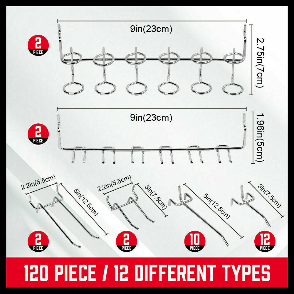 Comprehensive 120-Piece Pegboard Hooks Set with Various Sizes for Organizing Tools on Garage and Workshop Walls