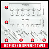 Comprehensive 120-Piece Pegboard Hooks Set with Various Sizes for Organizing Tools on Garage and Workshop Walls
