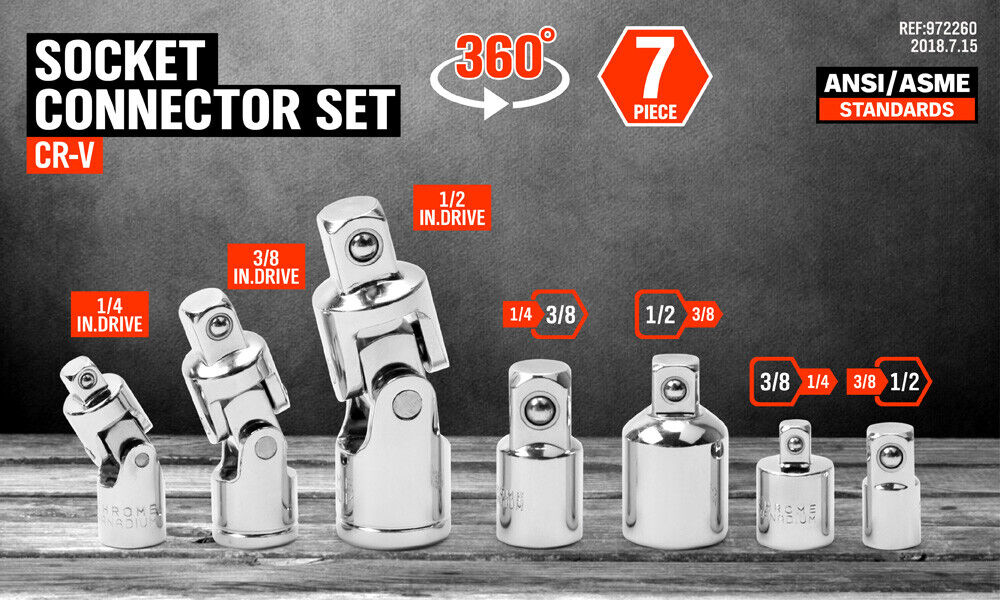 Versatile 7-Piece Socket Adaptor Set - Includes Flexible Adaptors and Reducers for 1/4", 3/8", 1/2" Drives with 360 Degree Swivel Action