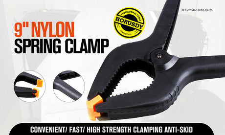 Four-piece set of 9-inch black heavy-duty nylon spring clamps, showcasing their strong, quick grip design and large size, suitable for a variety of clamping tasks