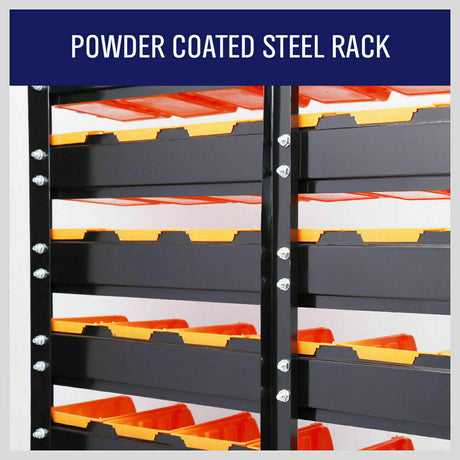 Wall-mounted bin storage rack with 50 bins for efficient organization of tools and parts in your garage.