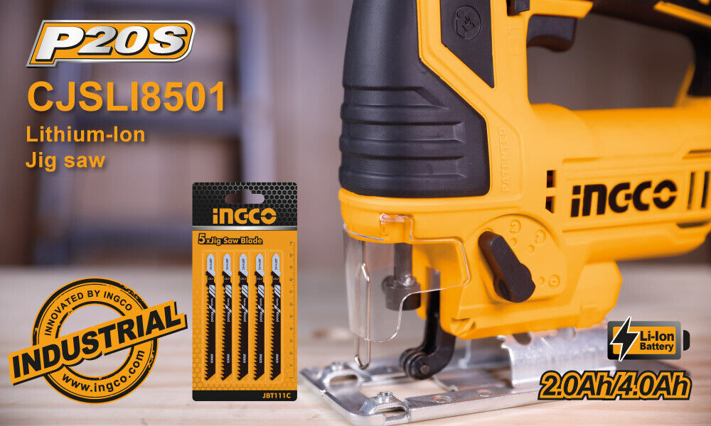 INGCO Jig Saw 20V Cordless Lithium Safety Cover Wood Metal Cutting With 5 Blades