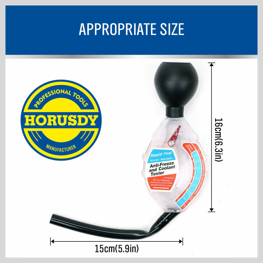Dial-type radiator coolant tester for measuring ethylene glycol strength with a temperature adjustment scale.
