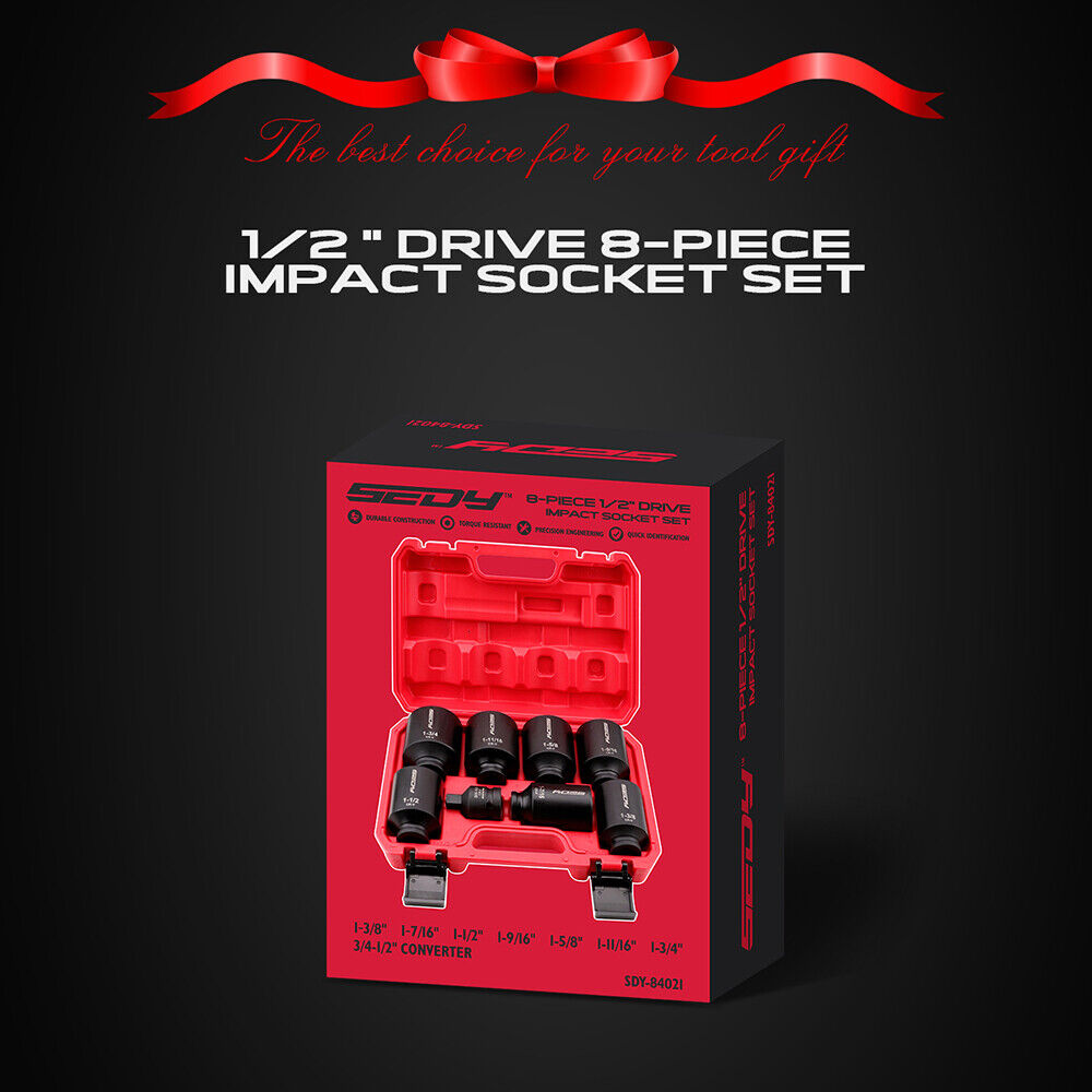 SEDY 8Pcs Deep Impact Socket Set with SAE Measurements and Adapter for Axle Nut Wrenches