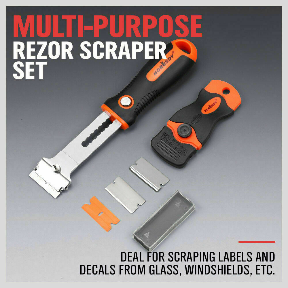 Multi-purpose razor scraper set with TPR handles and replacement blades for glass and decal cleaning.