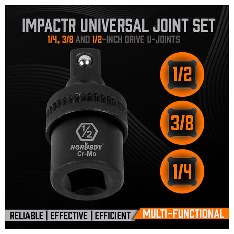  Image of the 3Pc Swivel Impact Socket Adapter Set, showcasing the 1/2", 3/8", and 1/4" adapters made from heat-treated black chrome molybdenum steel, with full 360-degree swivel motion and spring-loaded ball mechanism.