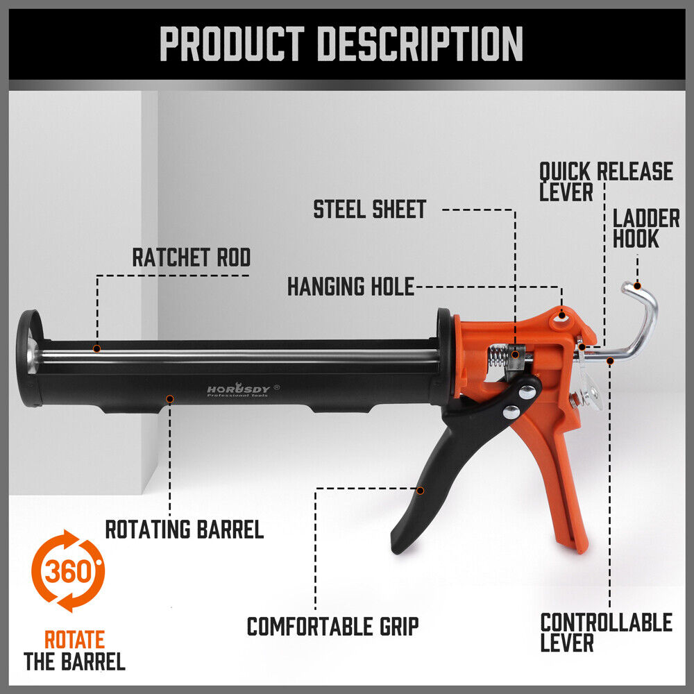 HORUSDY 9-Inch Heavy Duty Caulking Gun, Metal Barrel, 360-Degree Rotating Handle for Precision Sealing