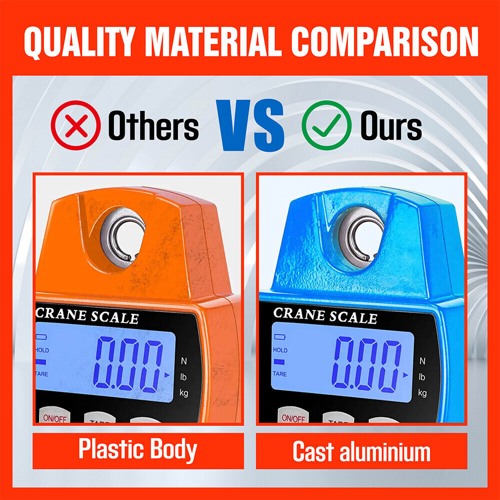 Compact and robust Mini Portable Crane Scale with a capacity of 300kg and precision of 0.1kg. Features a 55mm large LCD display, stainless steel load receptor, and aluminum casing. Versatile with multiple weighing modes and equipped with tare, manual/auto hold, and auto power off functions.