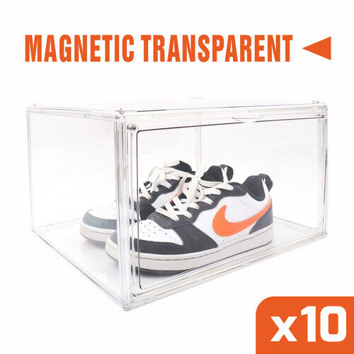 Premium Stackable Shoe Box - Transparent Display Storage Case with Magnetic Door, organized and protected shoe storage.