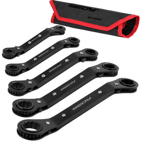 SEDY 5Pc SAE Ratchet Wrench Set - Offset Double End with 72 Tooth Ratchet, Matte Chrome Finish