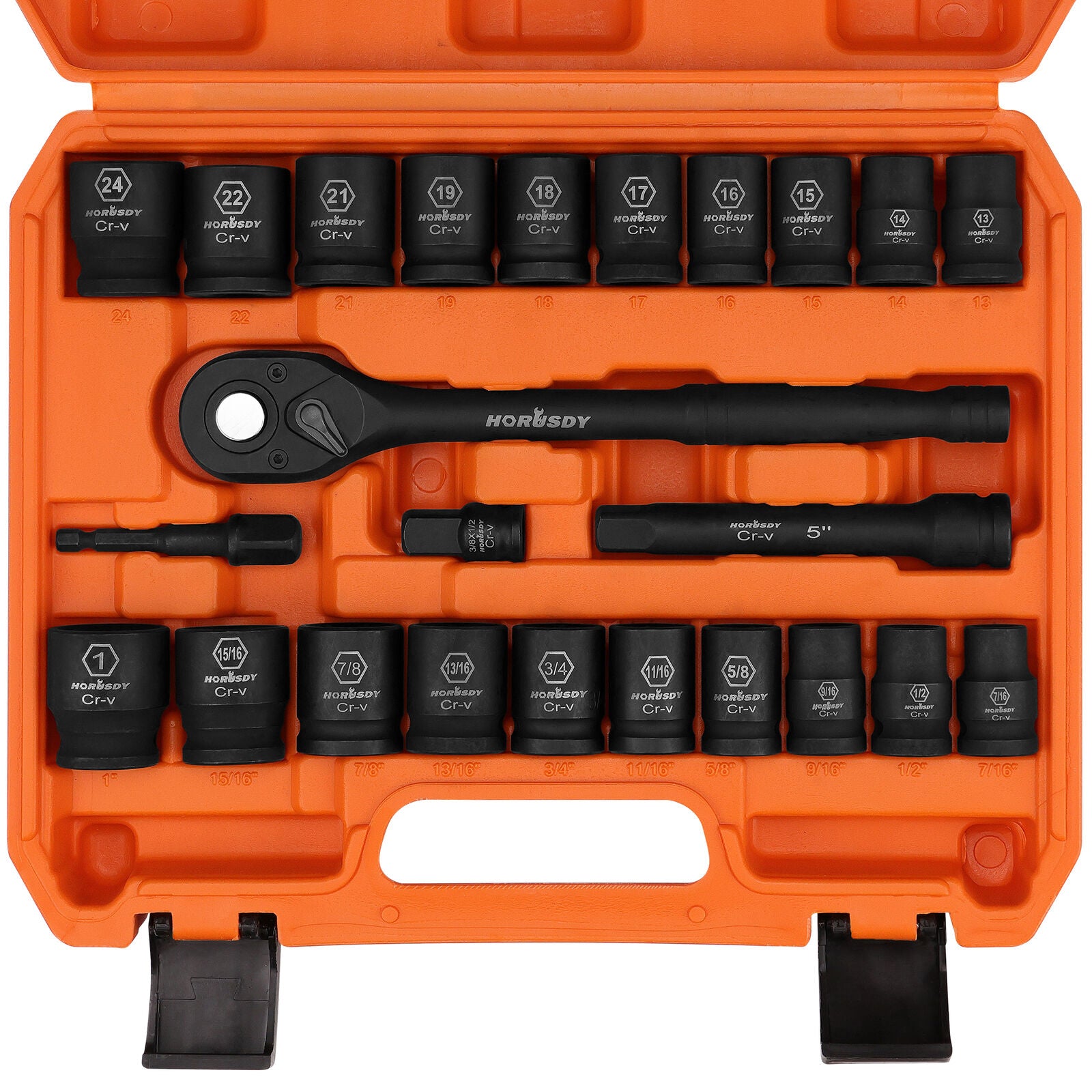 HORUSDY 24-Piece 1/2" Drive Impact Socket Set, Including SAE and Metric Sizes with Ratchet Handle and Extension Bar, Ideal for Diverse Applications