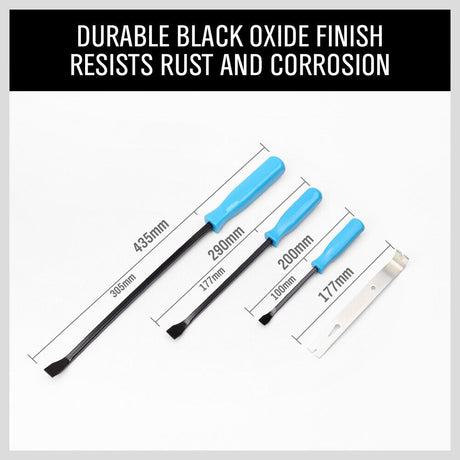 Four-Piece Steel Pry Bar Set, featuring heavy-duty drop-forged steel construction. The set includes pry bars in sizes 17 inches, 11 inches, 8 inches, and 7 inches. Each pry bar has a black oxide finish and a robust PVC square handle, making them ideal for mechanics and panel beaters for various prying and nail-pulling tasks