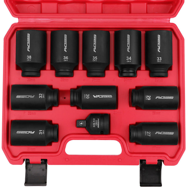SEDY 11Pcs Metric Deep Impact Socket Set with Adapter for High-Torque Wheel Axle Nut Wrench Tasks