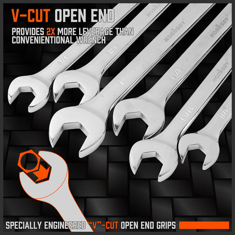 HORUSDY 15-Piece Imperial Spanner Set, SAE Ring/Open End Wrench, Chrome Vanadium Steel, Nickel Chrome Plated with Mirror Polish Finish